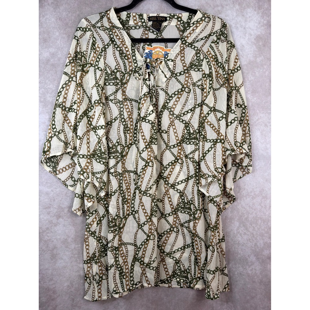 NWT MISS TINA Women Cream Olive Gold Chain Print Sheer Lace Up Kimono Cover Up M